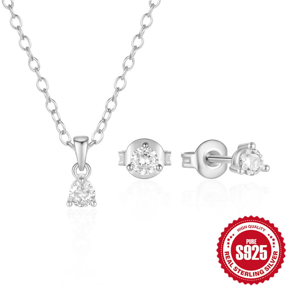 

Комплект из простого классического ожерелья из стерлингового серебра 925 пробы с тремя когтями и инкрустированным цирконием + серьги-гвоздики 925 Silver