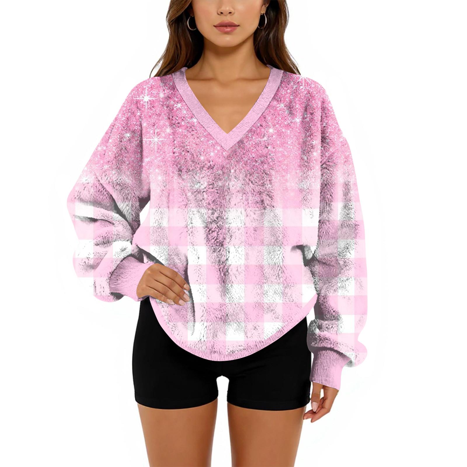 

Women s V-Neck Sweatshirt Plush Color Casual Fashion Long Sleeve With Pocketed Pullover Top M розовый