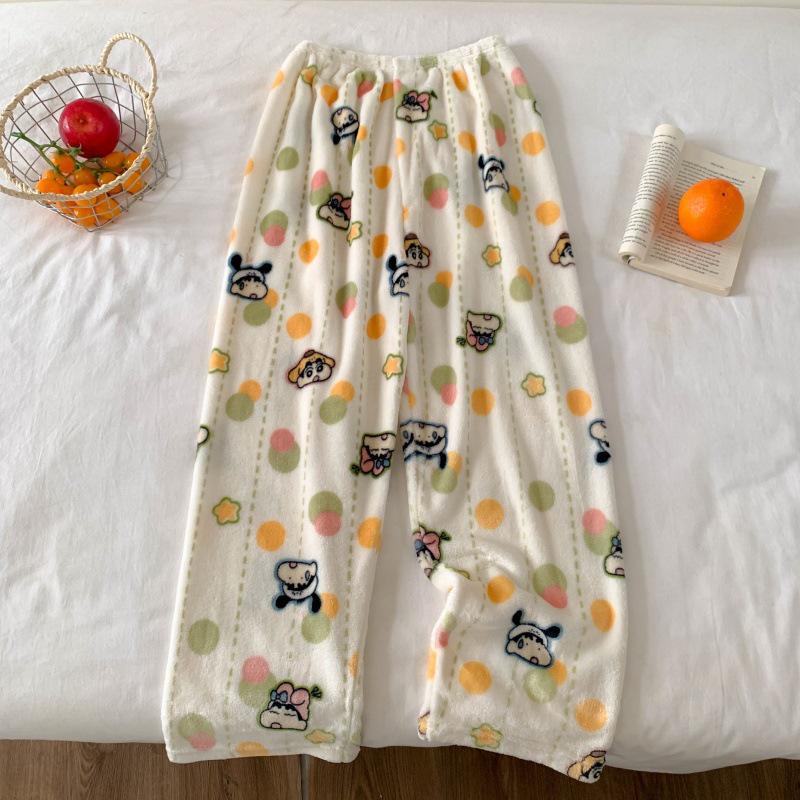 Hello Kitty Coral Fleece-Lined Flannel Pajama Pants for Women - Warm Autumn/Winter Style