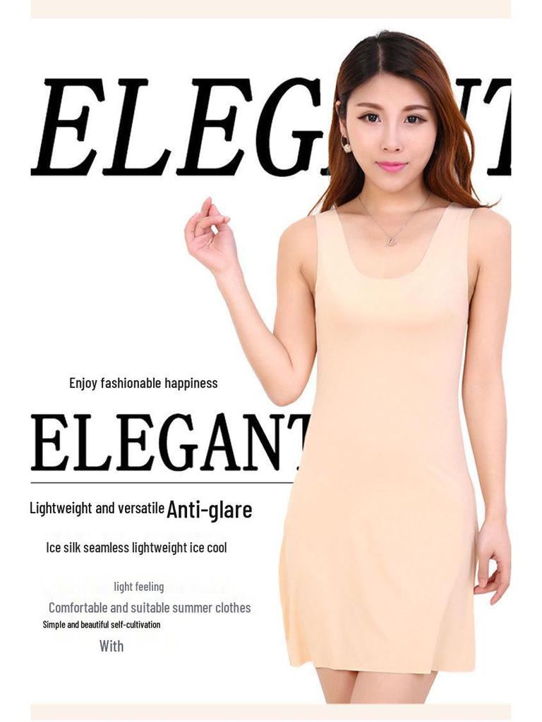 Plus Size Bezszwowa Halka z Lodowego Jedwabiu: Antyprzezroczysta, antyeksponująca koszulka na ramiączkach i sukienka nocna o średniej długości na lato.