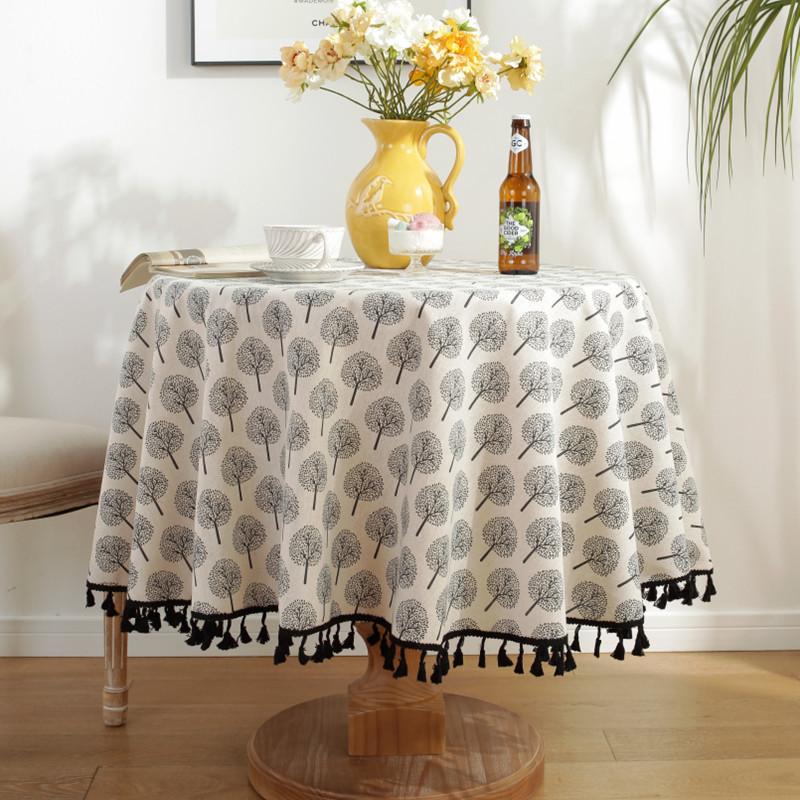Floral Linen Cotton Tablecloth with Tassel Round Table Cover Dining Table Cover Tea Table Cloth Retro