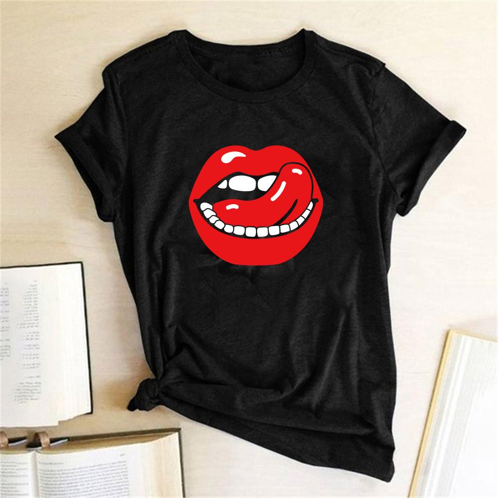Купить Sexy Red Lip Print Women T-Shirt Short Sleeve O Neck Loose Summer  Funny Femme T-Shirts 2022 Tees Tops Clothes | Joom