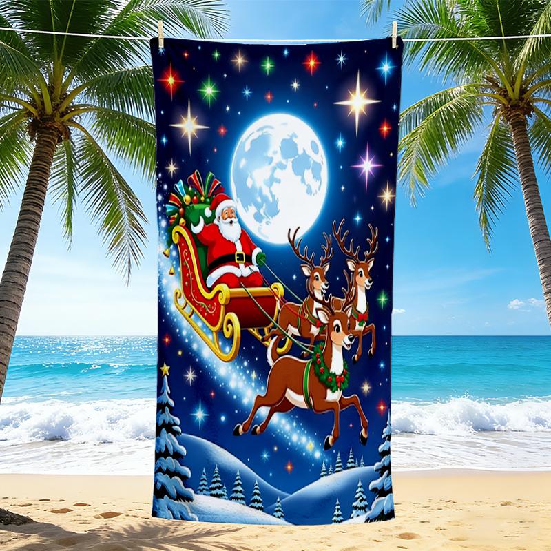 1Pc Santa Claus Sleigh Ride Beach Towel, Quick Dry, Multi-Use for Beach Pool Gym Yoga Home Travel, Christmas, Halloween, Xmas Gift S301