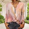 Women Plus Size Half Zipper Round Neck Long Sleeve Green Abstract Printed T Shirt