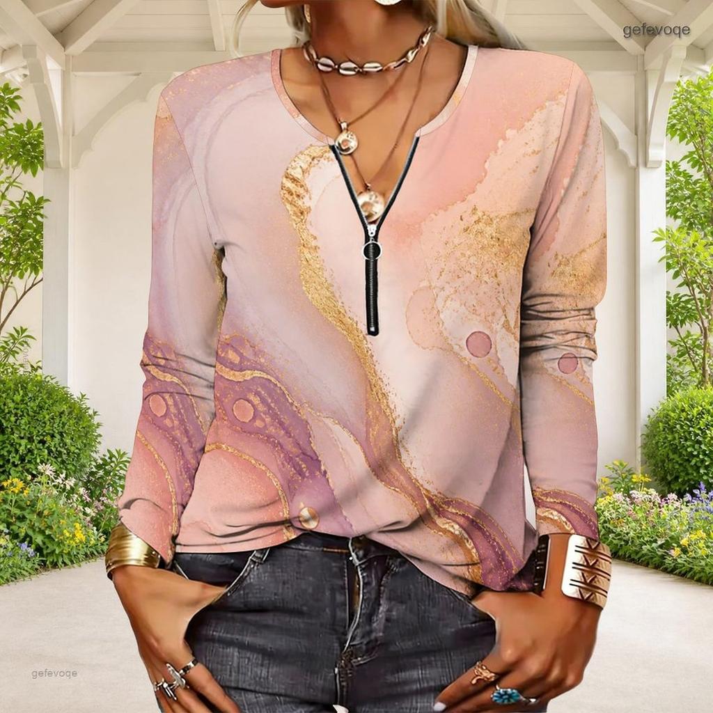 Women Plus Size Half Zipper Round Neck Long Sleeve Green Abstract Printed T Shirt