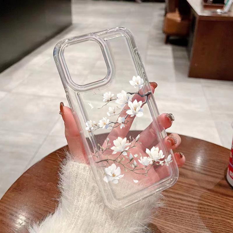 Chinese Style Magnolia Flower Clear Phone Case for iPhone 17 Air 16 15 14 13 12 11 Pro Max 14 Plus 16E Shockproof Silicone Cover
