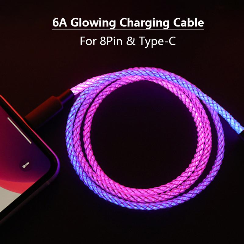 VAORLO 66W 6A datový kabel RGB žhavící nabíjení Rychlé rychlé nabíjení Pro iPhone Type-C USB nabíječka Vysoce kvalitní datový kabel