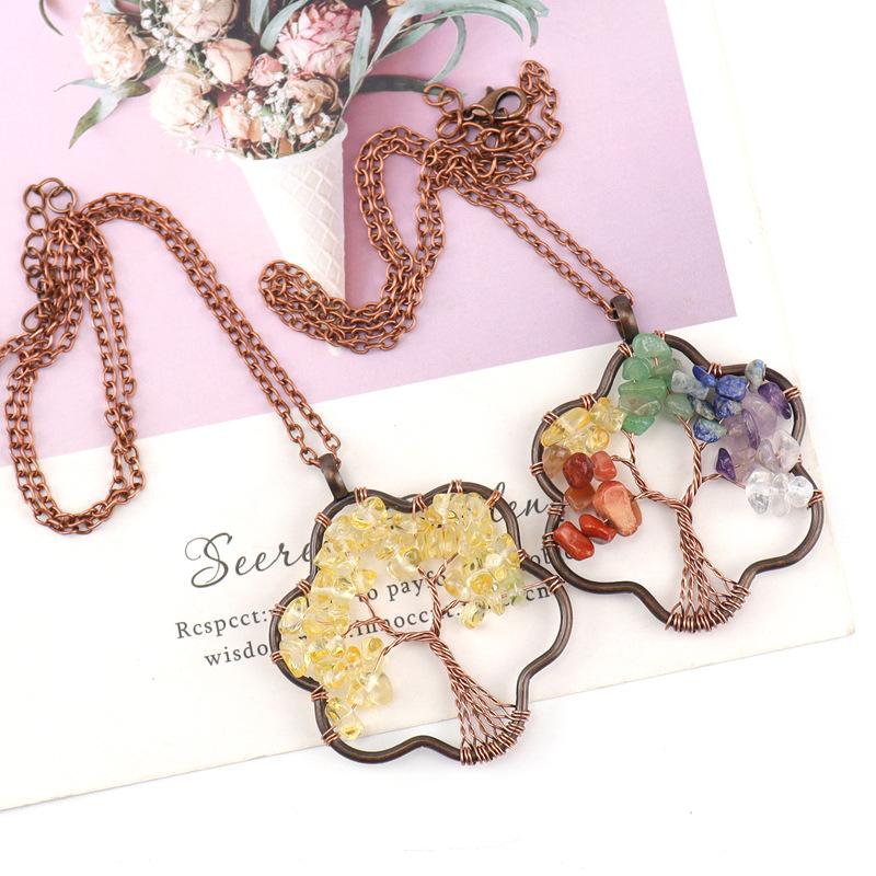Vintage Winding Tree Root Sunflower Tree Of Life Necklace Gravel Crystal Pendant Necklace N69