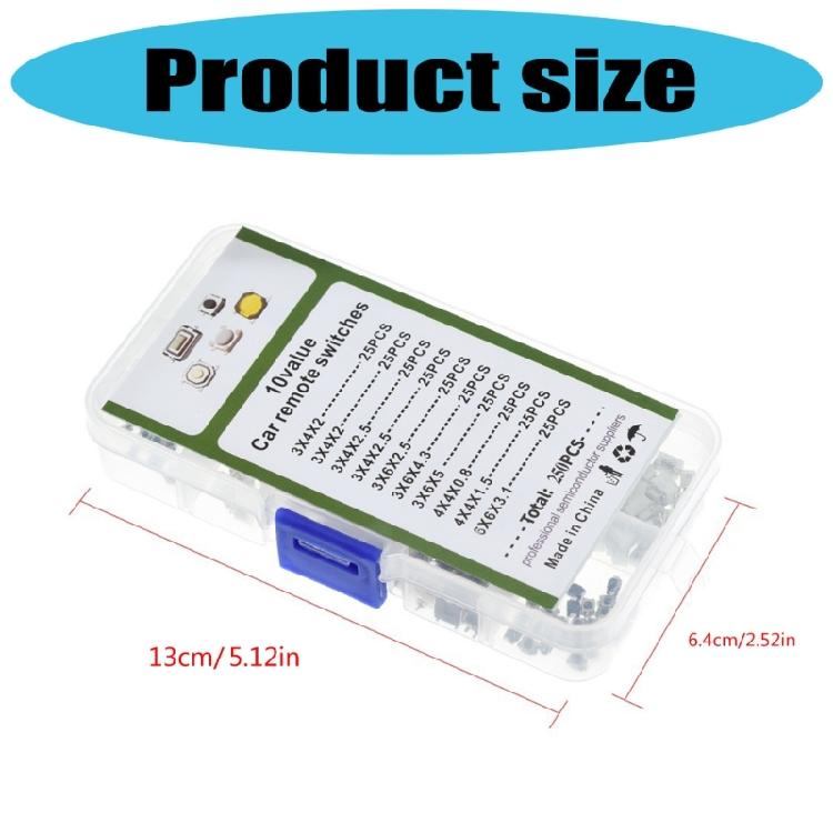 250Pcs 10 Types Tactile Push Button Switches Assortment Plastic Box For Car Remote Key Button Touch Microswitch