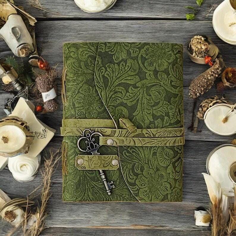 Handmade Green Floral Leather Journal: Vintage Deckle Edge Paper, Antique Key