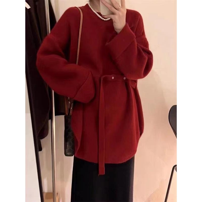 Autumn and winter new solid color crew neck large version knitted pullover top women's lazy wind lace-up sweater women