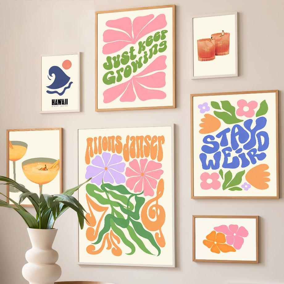 Pastellblumen Sonne Wellen Cocktail Minimalismus Wandkunst Leinwandmalerei Nordische Poster und Drucke Wandbilder Wohnzimmerdekor