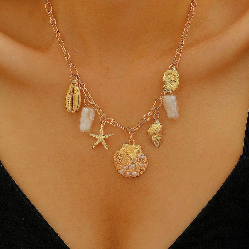 Set Collana e Bracciale Estivo Bohemien con Stella Marina, Conchiglia e Perle