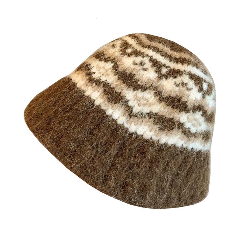 Fair Island style knitted bucket hat women's autumn and winter high-end thermal basin hat big head circumference versatile wool bucket hat