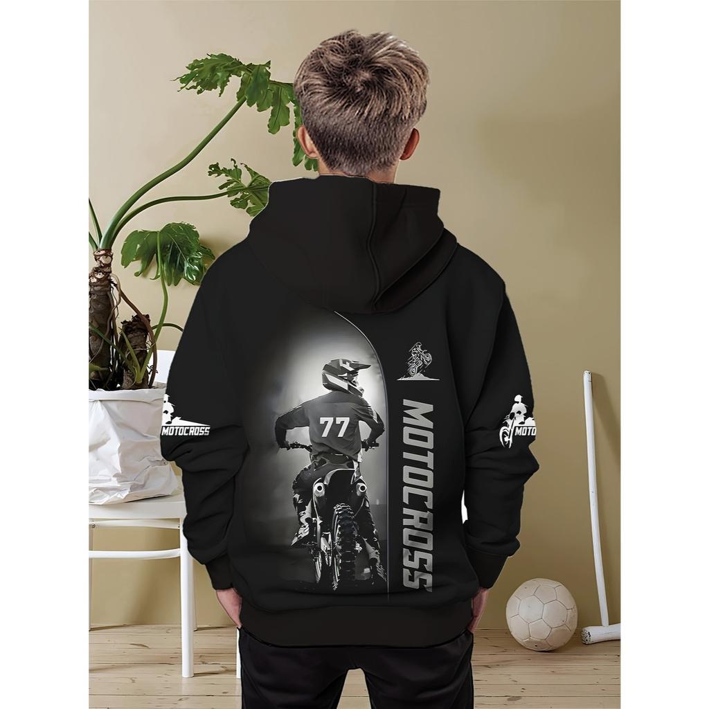 Boys' Fashionable Off-road Motorcycle 3D Printed Long Sleeved Hooded Sweatshirt, Boys' Spring and Autumn Sportswear
