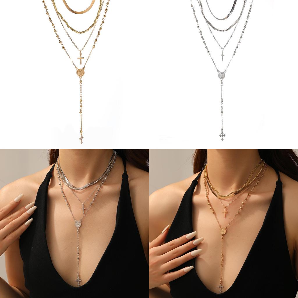 Alloy Cross Pendant Necklace For Women With Multilayer Design And Trendy Style