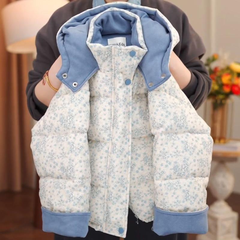 Girls Floral Print Hooded Cotton Jacket Warm Winter Coat Thickened Soft Outerwear