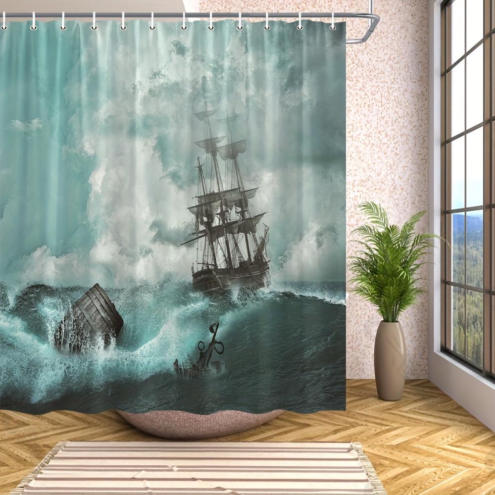 1Pc Wave Boat Pattern Shower Curtain, Bathroom Partition Curtain With Hook, Bathroom Accessories, Bathroom Decoration