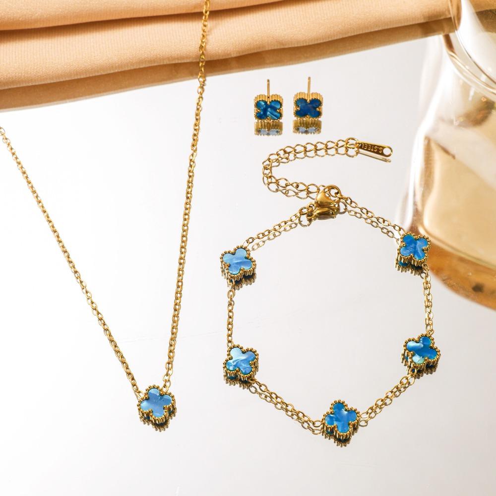 Titanium Steel Colorfast Four-leaf Clover Necklace Set for Women Fashionable and Elegant Light Luxury Clavicle Chain Bracelet