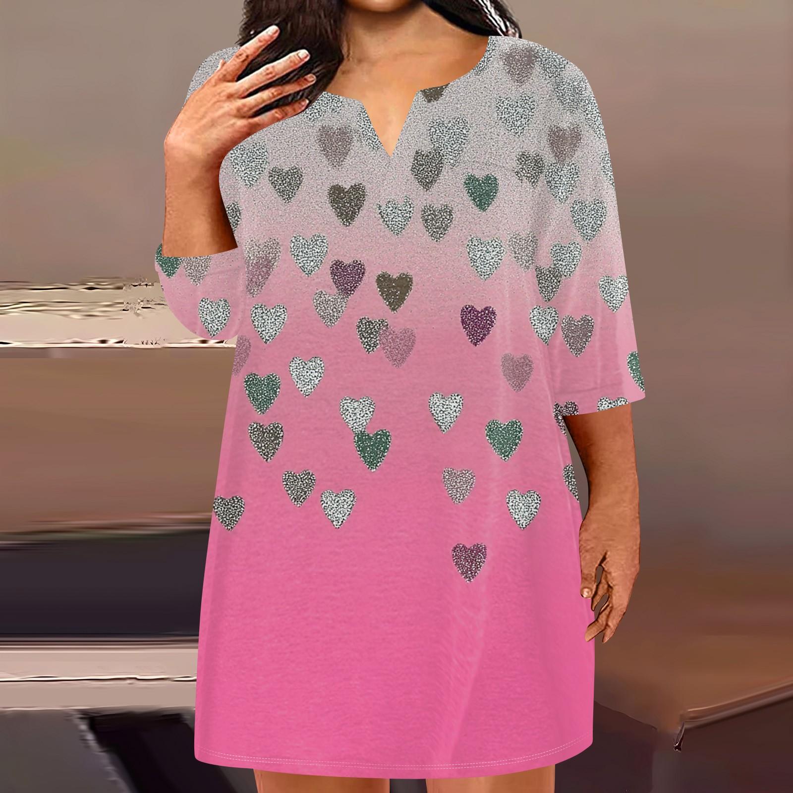 

Women s Fashion Plus Size V-Neck Three-Quarter Sleeve Casual Valentine s Day Love Print Loose Dress With Pockets XXL