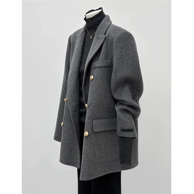 Petite Damen High-End Koreanischer Stil Grau Wolle Herbst/Winter Mantel Blazer