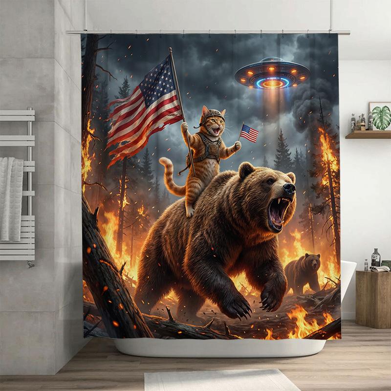 

Patriotic Cat Riding Bear Shower Curtain American Flag Ufo Galaxy Fabric Bathroom Decor With Hooks Funny Art Bath Curtain W60H190(CM)-1 Pcs
