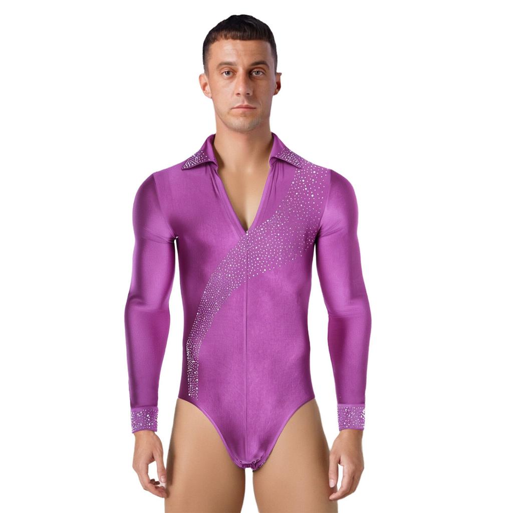 Mens Shiny Rhinestones Latin Dance Leotard Turn Down Collar V Neck Long Sleeve Button Shirt