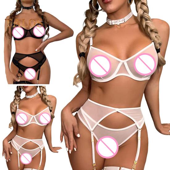 3 Pcs/Set Bra Thong Set with Garter Adjustable Straps See-through Mesh Thin Elastic High Waist Panties Wedding Night Honeymoon Valentines Day