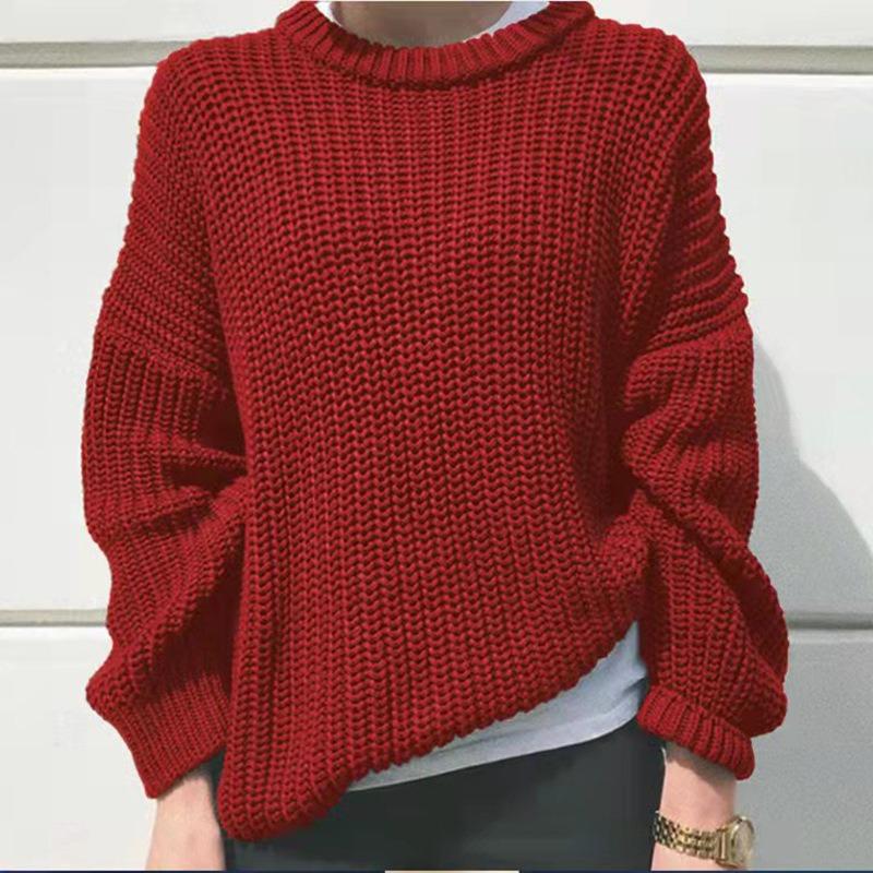 Round Neck Loose Sweater Women's Solid Color Loose Pullover Simple Basic Style Long Sleeves Thick Warm Top Bottoming Shirt Autumn and Winter