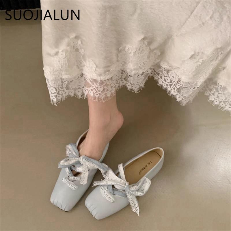 Fashion SUOJIALUN 2025 Spring New Brand Women Flat Shoes Fashion Round Toe Lace Up Ladies Elegant Ballerina Shoes Flat Ballet Shoes