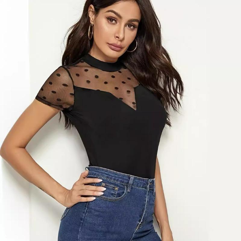 Women's Short-Sleeve Bodysuit Polka Dot Mesh Yoke Mock Neck Design