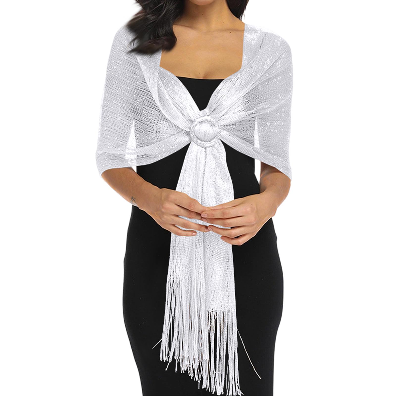 Women Wrap Shawl Knit Evening Scarf Lightweight Long Glitter Fringe Soft Formal Dress Accessories for Parties Events One Size белый