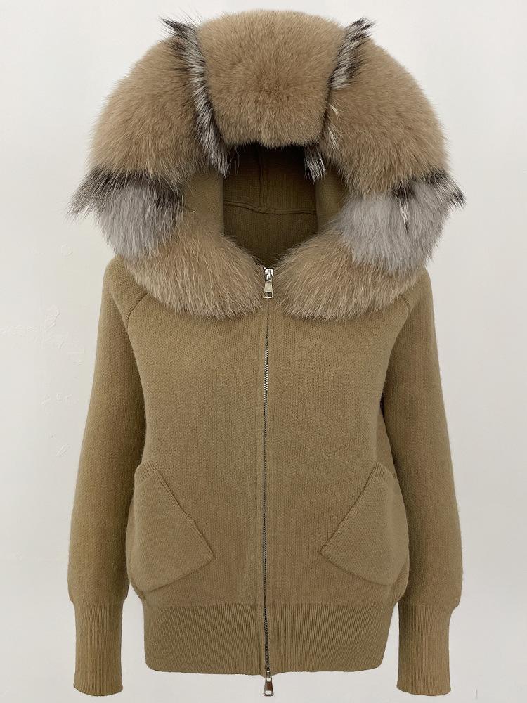 Korean Style Hooded Knit Cardigan with Large Genuine Fox Fur Collar - Luxurious Autumn/Winter Outerwear