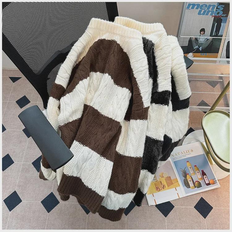 Pánský volný ležérní pruhovaný pletený svetr - Japonský trendy TikTok styl pro středoškoláky