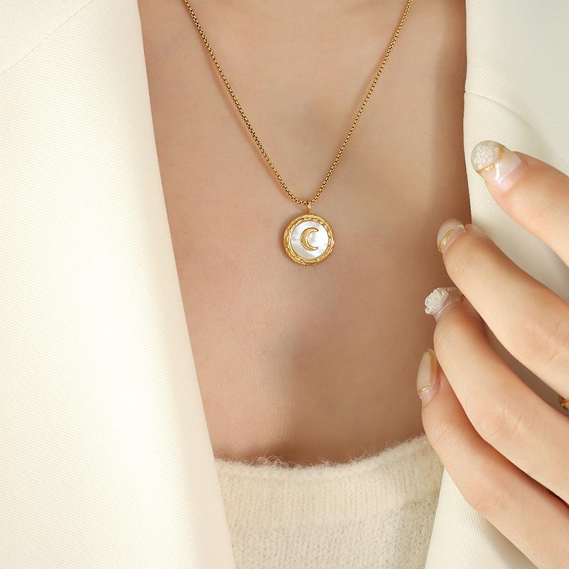 Women's Titanium Steel Jewelry Set: Crescent Moon Necklace, White Shell Earrings, and Non-Fading Bracelet.