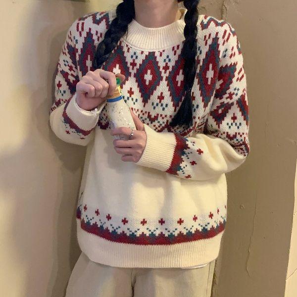 Pull de Noël rouge style coréen pour femmes - Ample, pull rétro à col rond, tricoté pour l'automne et l'hiver