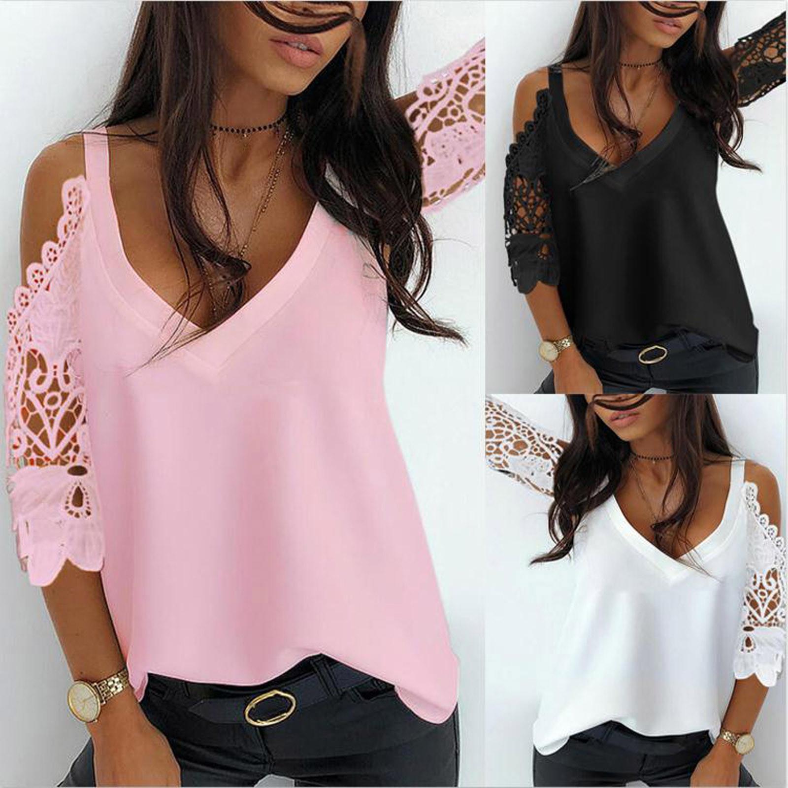 

Womens V-Neck Short Sleeves Solid Lace Patchwork Casual T-shirt Blouse Tops