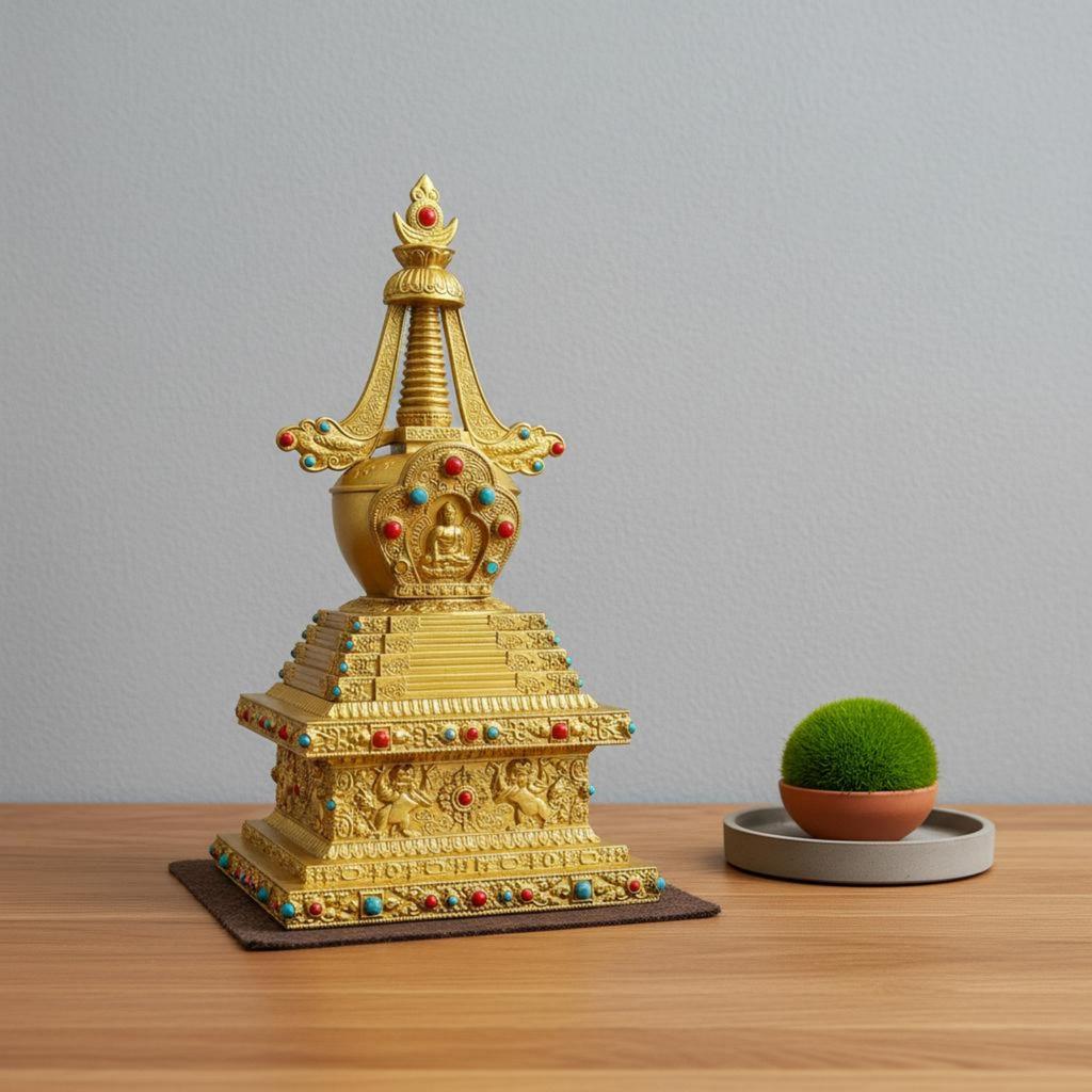 Brass Sarira Stupa Auspicious Decor Crystal Embedded Stupa Decoration Religious Item Handmade House Decoration Intricate Design