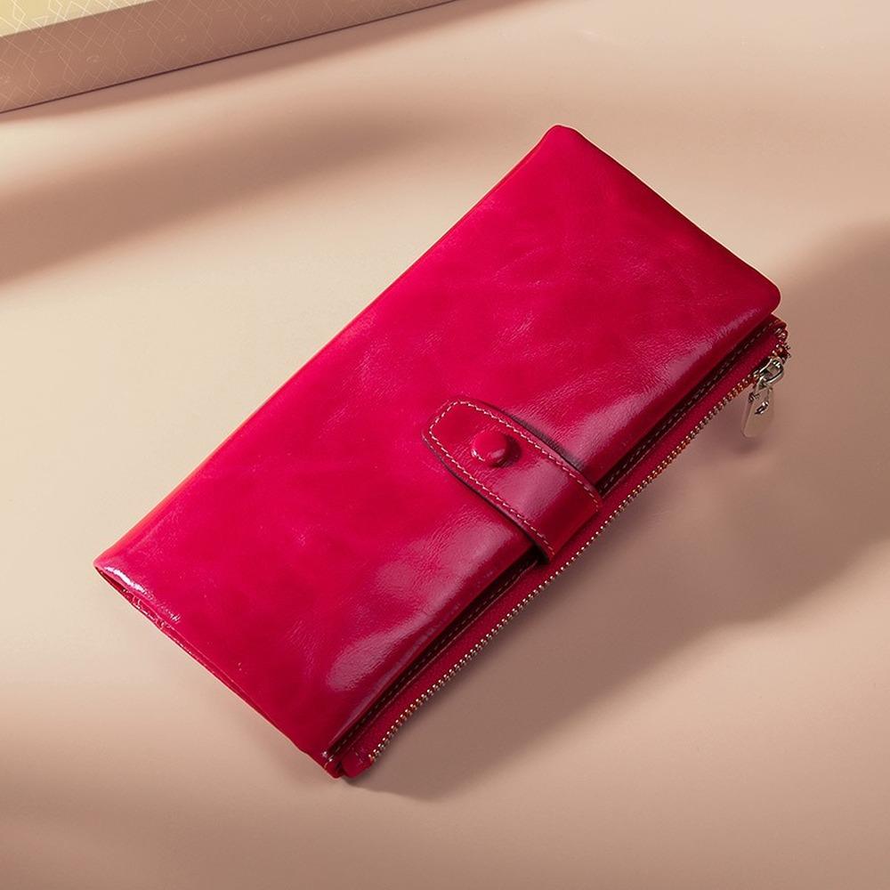 

Женский кошелек RFID, первый слой из коровьей кожи, деловой длинный женский кошелек в стиле ретро, ​​кожаная сумка с воском и маслом розы красного