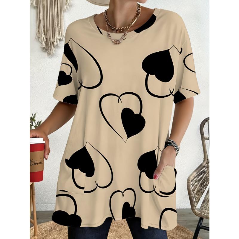 1pc Loose Fit Women'S Large-Size T-Shirt with Pocket Design, Black Heart Print, Skin-Friendly and Breathable, Versatile for Daily Commuting,