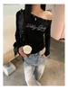 Chic Off-the-Shoulder Slim-Fit Black Long-Sleeve T-shirt for Women - Perfect for Early Autumn