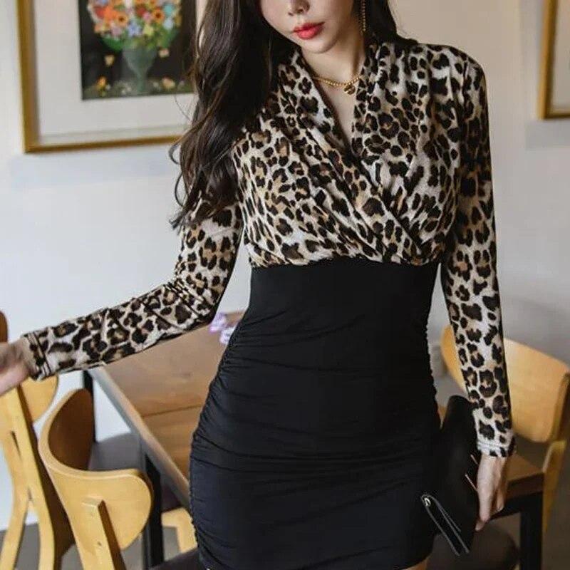 Fashion Leopard Pattern Splice Sexy Dress Elegant V-neck Long Sleeve Office Lady Dress Casual Slim Hip-wrap Dresses 29671
