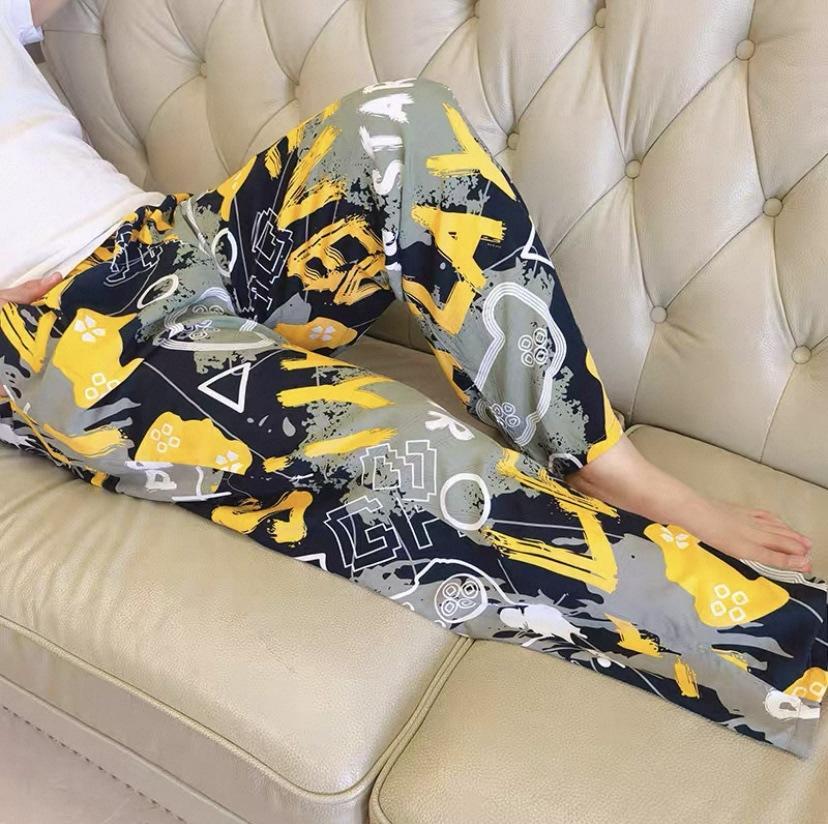 Summer men's cotton and silk pajama pants plaid home pants loose can be worn outside beach long pants youth artificial cotton