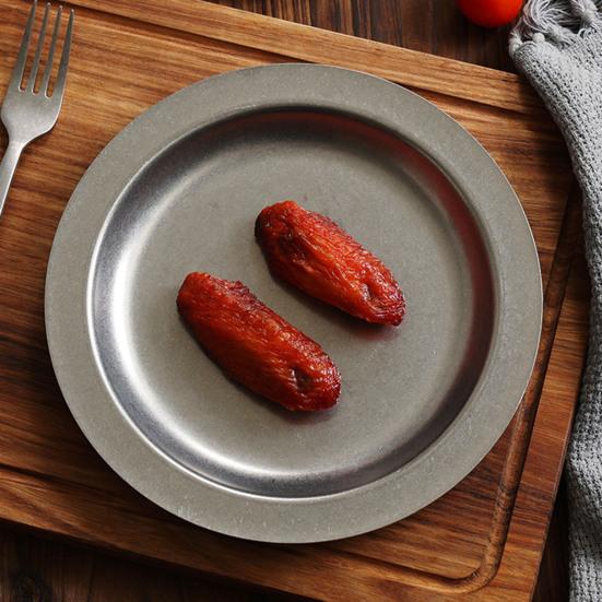 Stainless Steel Round Plate Retro Dessert Dish for Steak BBQ Straight Edge Flat Bottom Tray for BBQ Home Camping Picnic