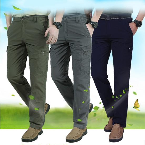 Men Solid Color Quick Dry Thin Multi-pocket Long Cargo Pants Outdoor Trousers