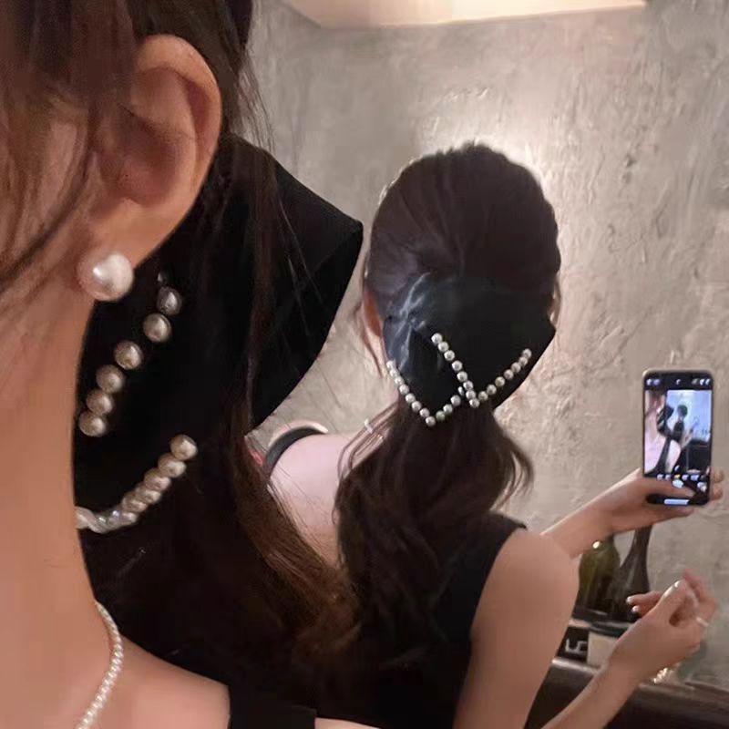 1pc French elegant pearl handkerchief, large intestine headband, satin temperament hair tie, low ponytail hair accessory