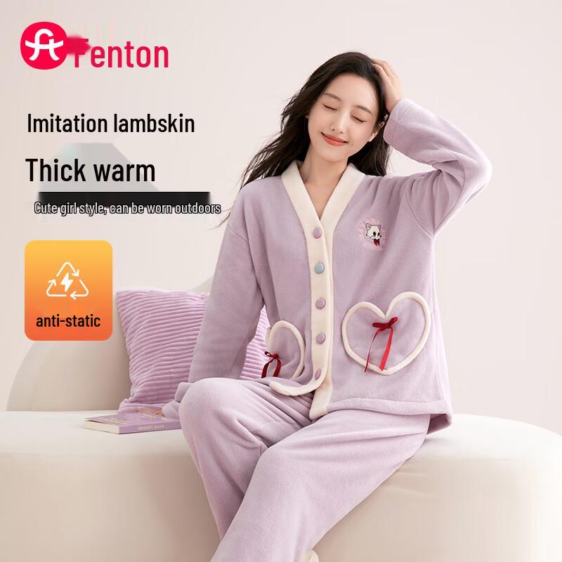 Fenteng Women s V-neck Anti-Static Fleece Pajama Set L