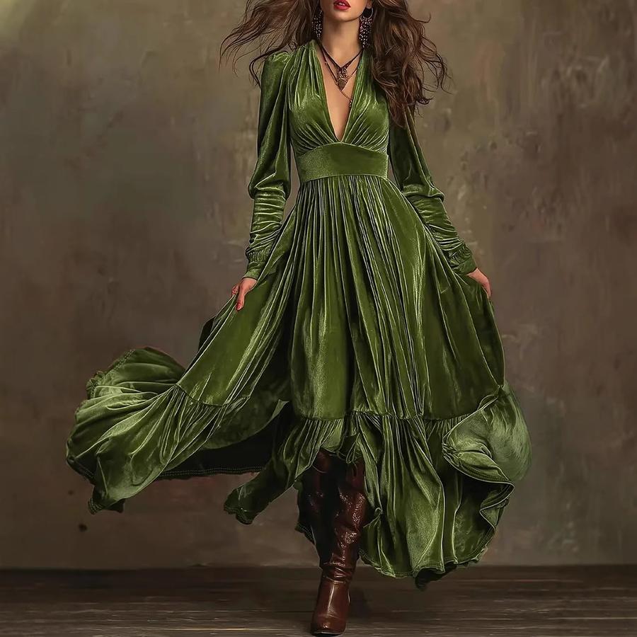 

Оксамитова Жіноча Елегантна Вінтажна Сукня Максі А-силуету Довжини до Підлоги з Глибоким V-подібним Вирізом та Довгими Рукавами XL зелений