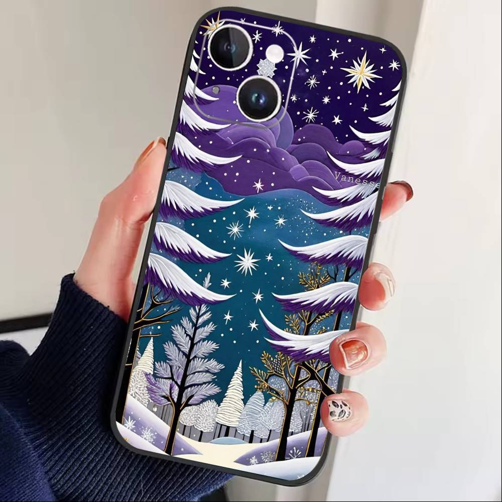 Starry Night Whimsical landscape Phone Case For iPhone 16,15,14,13,12,17,Pro Max,Plus Silicone Black Case