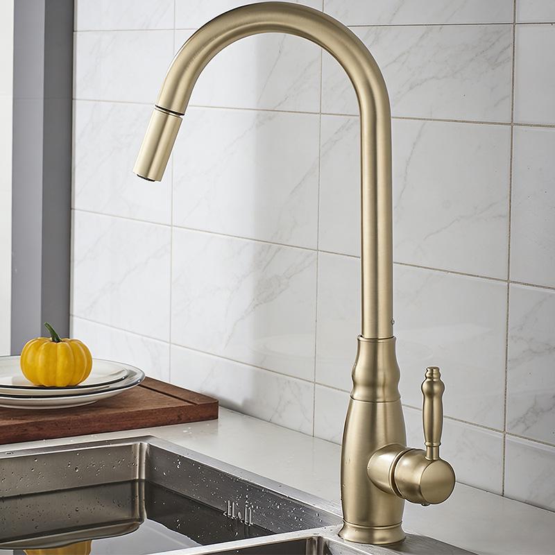 Elegant European-Style Brass Kitchen Faucet with Pull-Out Sprayer for Hot and Cold Water